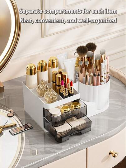 1 pieza Caja de almacenamiento de cosméticos - Organizador de escritorio para dormitorio, soporte giratorio de 360 grados para brochas de maquillaje, soporte para lápices de cejas, amplio espacio de almacenamiento, perfecto para organizar artículos en dormitorios, tocadores y baños, ahorra espacio, fácil de usar, exhibición elegante, caja de almacenamiento multicompartimento adecuada para guardar productos de cuidado de la piel, perfumes, brochas, lápices labiales, útiles escolares, etc. El mejor regalo para el Día de San Valentín y la temporada de regreso a clases.