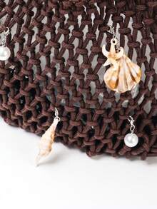 1个涤纶网底多色纯色钩编手提包，菱形图案，轻便大容量可爱日系时尚夏季沙滩包，女士款 - 咖啡棕 - 查看 7