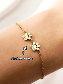 1PC Custom Personalized Paw Print Multi Name Bracelet, Stainless Steel Bracelet, Custom Pet Name Bracelet, Teen Minimalist Jewelry, Custom Bracelet, Can Be Customized With 1-3 Names, Minimalist Dog And Cat Paw Jewelry, Pet Lovers Gifts, Valentine's Day Gifts, Mother's Day Gifts, Teen Birthdays, Personality Anniversary Gifts - Multicolor - View 1