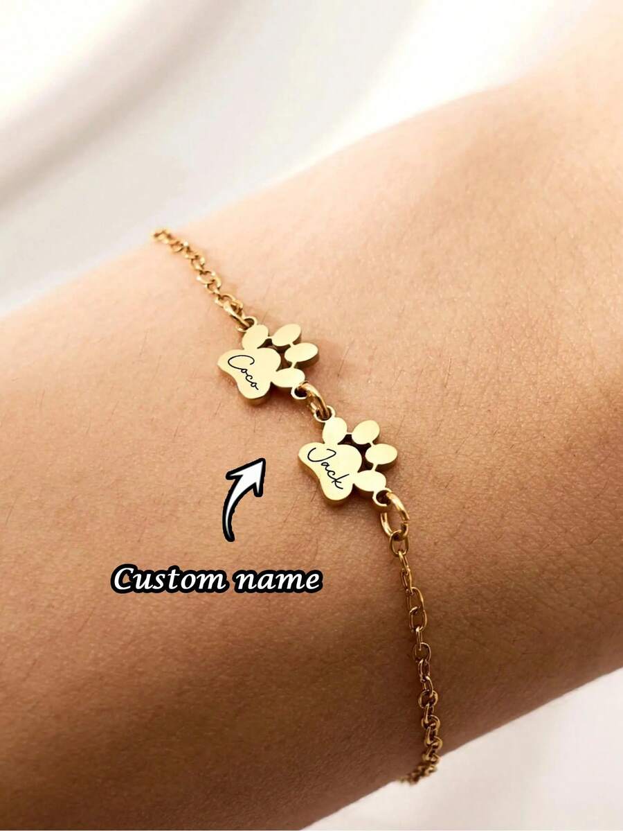 1PC Custom Personalized Paw Print Multi Name Bracelet, Stainless Steel Bracelet, Custom Pet Name Bracelet, Teen Minimalist Jewelry, Custom Bracelet, Can Be Customized With 1-3 Names, Minimalist Dog And Cat Paw Jewelry, Pet Lovers Gifts, Valentine's Day Gifts, Mother's Day Gifts, Teen Birthdays, Personality Anniversary Gifts - Multicolor - View 1