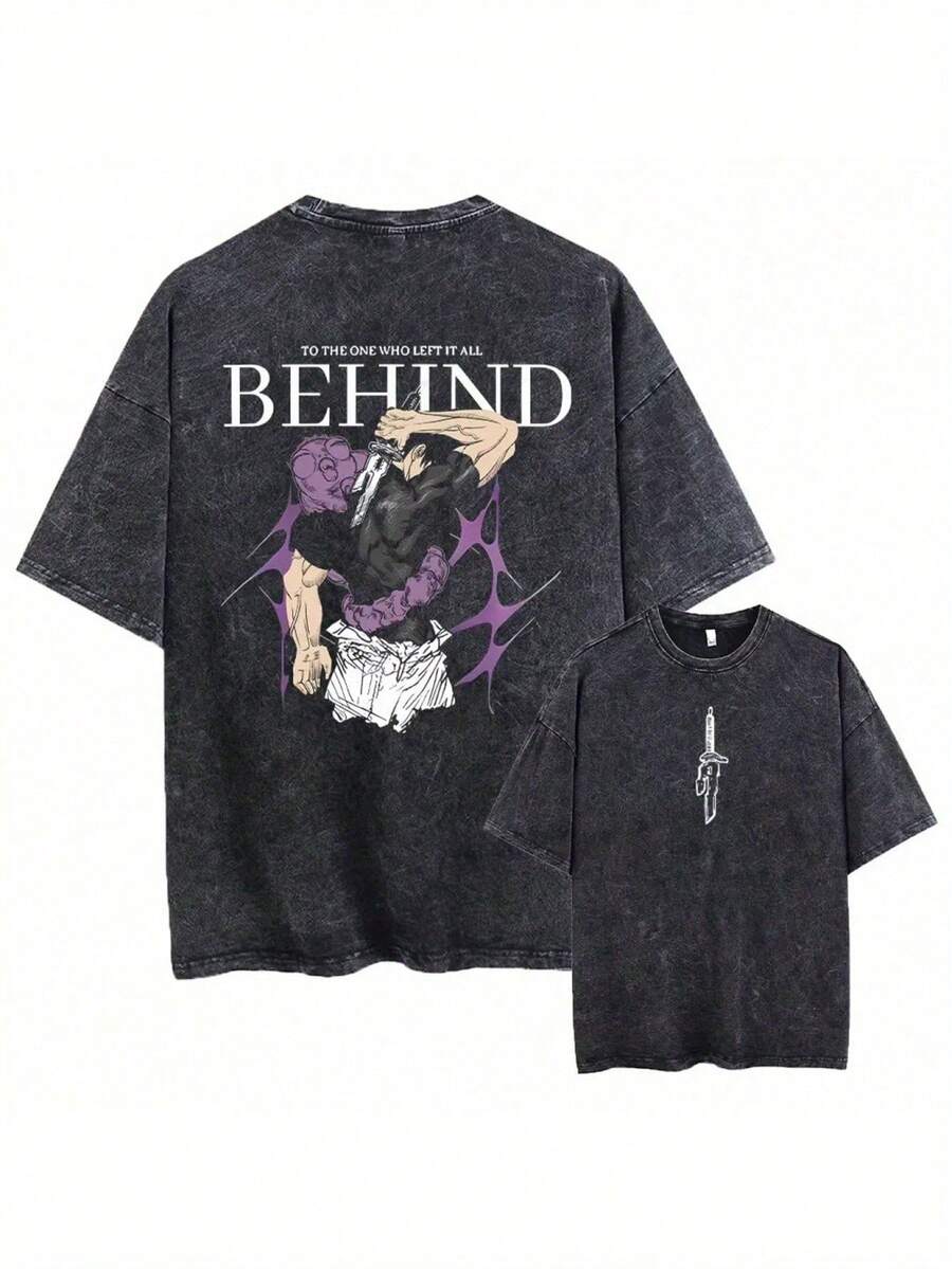 Men Shirts Men'S Vintage-Inspired Washed Acid Oversized T-Shirt - Japanese Anime Retro Graphic Print, Short Sleeve, Crew Neck, Loose Fit, All-Season Casual Streetwear Tee, Casual Wear Tee| Retro Anime Print| Durable Casualwear Men Clothes - 黑色 - 查看 1