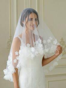 1pc Handmade Romantic Bridal Veil With Floral Applique, No Comb, Wedding Party Valentine's Day Veil - Multicolor - View 2