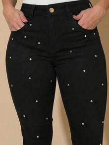 pthirillo Women's Black Flare Jeans With High-Waisted Butt-Lifting Effect And Rhinestone Detail. - 水鑽圓點 - 查看 2
