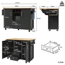Island Kitchen Unit 120 X 73 (45) X 92 Cm Freestanding Kitchen Shelf Kitchen Trolley And Folding Work Table, With Towel Rail Spice Rack Wine Rack Adjustable Shelf, White/Black - Black - View 4