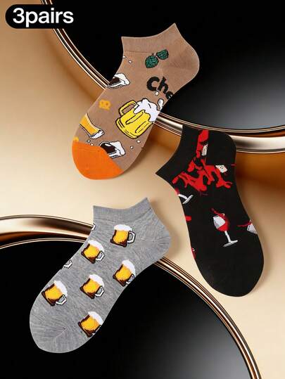 3 pares de calcetines náuticos unisex con temática de bebidas - Diseño divertido (estampados de cerveza/vino), calcetines de novedad vibrantes para uso casual diario, regalo ideal para amantes de las bebidas, calcetines de moda y ocio durante todo el año