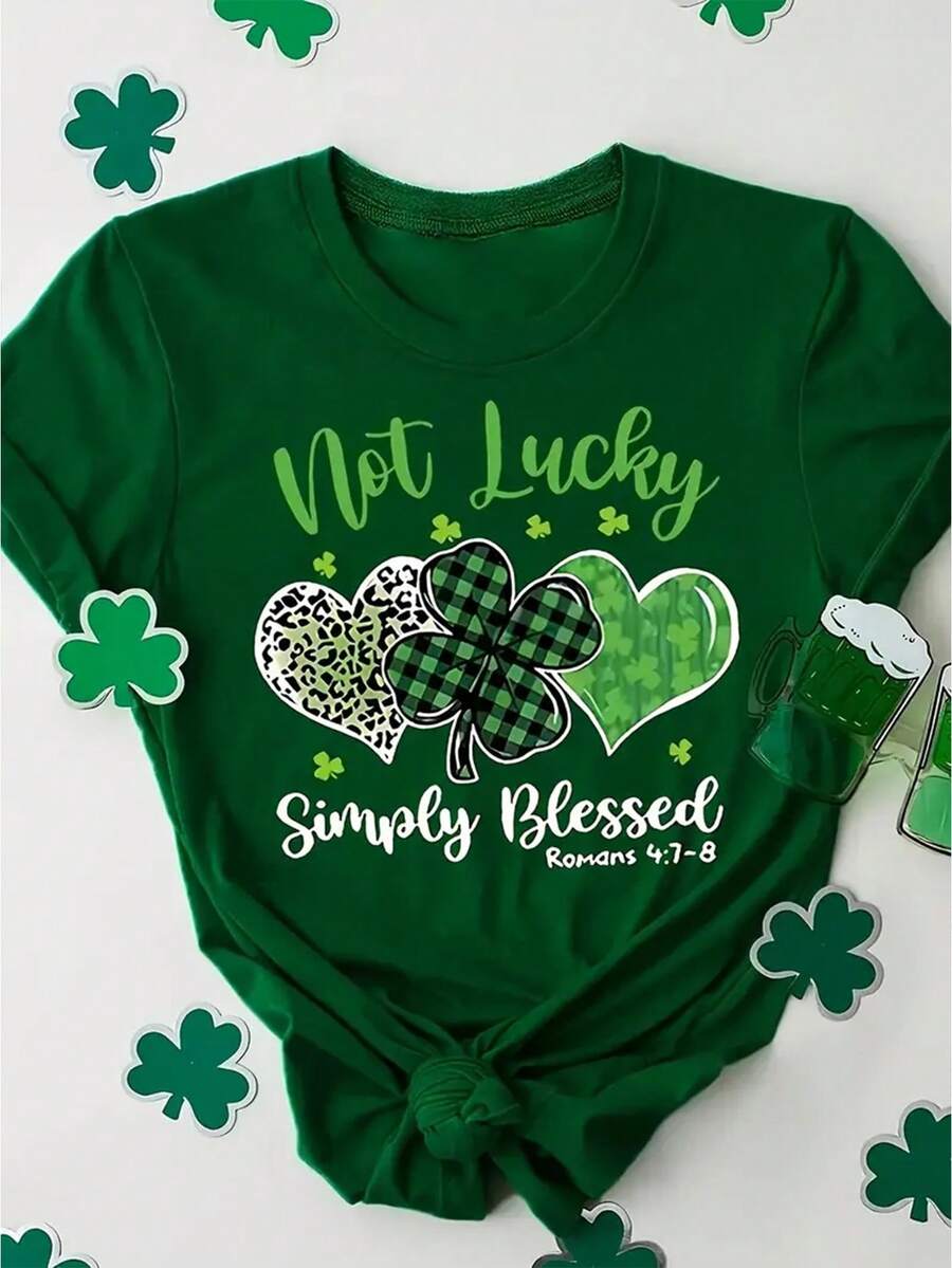 Ladies' St. Patrick's Day Green T-Shirt - Letter Leopard Print And Checkered Clover Heart Shape, Casual Short-Sleeved Round Neck - 綠色 - 查看 1