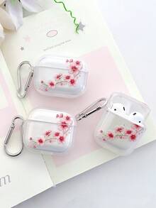 Spring Aesthetic Cherry Blossom Pattern Thick Shockproof Transparent Earphone Case - Comes With Silver Hanging Hook, Compatible With AirPods Case, Headphones, Pro 3 Case, Pro (2nd Generation), 3, Pro, 4 Case Cover - Clear - View 3