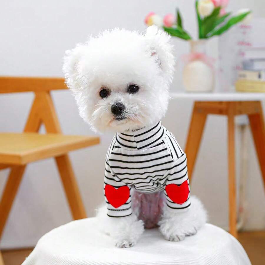 1pc Pet Clothes, Dog/Cat Apparel, Cute Heart Pattern Undershirt For Small Dogs/Puppies - Black & White Striped - Black - View 1