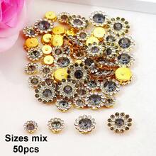 50 piezas/paquete, 8mm, 10mm, 12mm, 14mm, modelos mixtos, brillantes cristales de rhinestones con diseño de flor, base dorada, cristales de rhinestones brillantes adhesivos planos DIY para coser - multicolor - Ver 72
