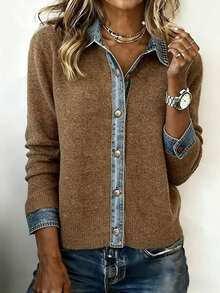 Women's  Brown Knit Denim Panel Collared Cardigan: Long Sleeve Button Front - Ideal For Daily, Commute, Outings & Women's New Year Outfits - 咖啡棕 - 查看 1