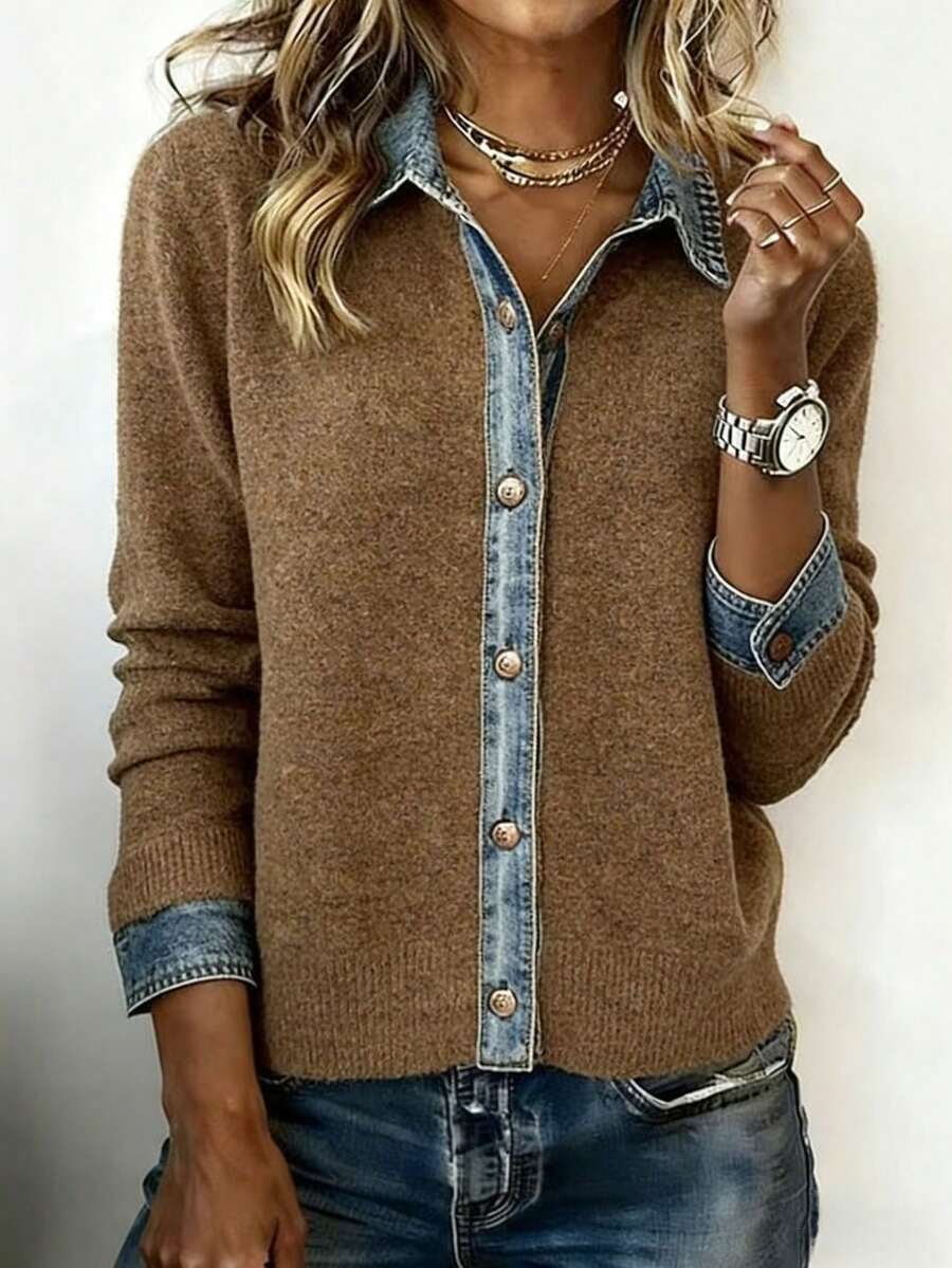Women's  Brown Knit Denim Panel Collared Cardigan: Long Sleeve Button Front - Ideal For Daily, Commute, Outings & Women's New Year Outfits - 咖啡棕 - 查看 1