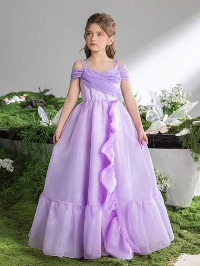  ALISA&LEO Girls' Elegant Off-Shoulder Ruffle Maxi Dress With Pleated Bodice & Tulle Overlay For Flower Girls, Junior Bridesmaids, Wedding Guests, And Formal Evening Banquets