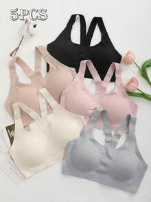 5pcs Women'S Full Coverage Wire-Free Bra Set - Shock-Absorbing Y-Strap Lift & Support, Removable Pads, Seamless Pullover For Gym, Running, Daily Wear-Medium Support, Breathable Underwear- Machine Washable Comfort, Bras For Women, Lingerie For Women - 彩色 - 查看 1