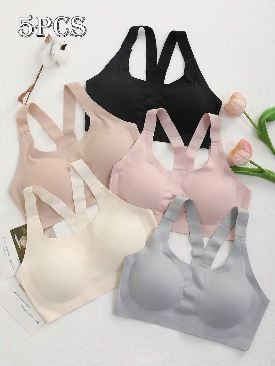 5pcs Women'S Full Coverage Wire-Free Bra Set - Shock-Absorbing Y-Strap Lift & Support, Removable Pads, Seamless Pullover For Gym, Running, Daily Wear-Medium Support, Breathable Underwear- Machine Washable Comfort, Bras For Women, Lingerie For Women - 彩色 - 查看 1