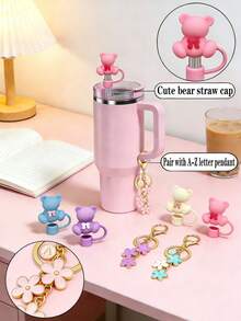 2个泰迪熊吸管帽，硅胶吸管盖，花卉字母吊坠，26个花卉字母吊坠，适用于各种杯子，10毫米防尘可重复使用吸管套，适用于30/40盎司带把手玻璃杯，是咖啡/茶爱好者的理想圣诞礼物，多种款式可选