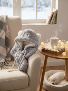 1pc Beige Plush Hat With Cute Bear Ears, Scarf Attached, Women's Warm Thick Winter Korean Style Everyday Riding Ear Protection Fuzzy Cap - Multicolor - View 10