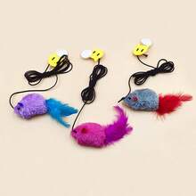 1个逼真毛绒无填充动物猫玩偶，带吱吱声和羽毛尾巴，无需电池，耐用柔软填充小猫玩偶，可悬挂互动猫鼠玩偶 - 彩色 - 查看 7