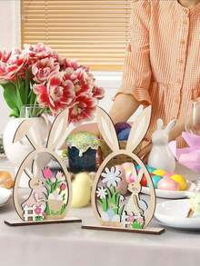 2件创意木制镂空兔子装饰品，人造木制复活节装饰品，粉色和蓝色，DIY木制复活节彩蛋切片装饰品，通用节日装饰，无需用电，适合无羽毛装饰品。 - 彩色 - 查看 3
