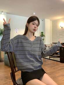 Vintage Striped Casual Cardigan, Versatile For Spring And Autumn - Grey - View 7