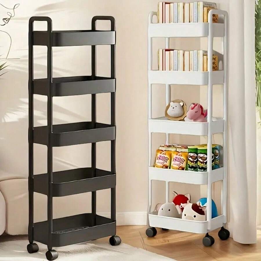 4/5-Tier Rolling Storage Cart - Suitable For Kitchen, Bedroom, Bathroom, Easy To Assemble, White/Black Durable Plastic Organizer Shelf, Perfect For Office Supplies, Books | Modern Storage Trolley | Multi-Layer Shelves - 白色 - 查看 1