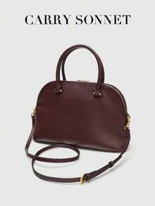 Burgundy Round Top Handbag, Zipper Closure, Metal Hardware, Elegant Commute & Date Style, Women's Bag, Women's Gift - Burgundy - View 5