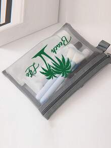 大容量透明网眼化妆包，饰有“海滩生活”和椰子树图案，便携式旅行化妆收纳包，色彩缤纷的海滩主题拉链收纳包，化妆包，护肤包，度假旅行便携收纳包，充满夏日气息，清新有趣的图案，旅行必备 - 彩色 - 查看 9