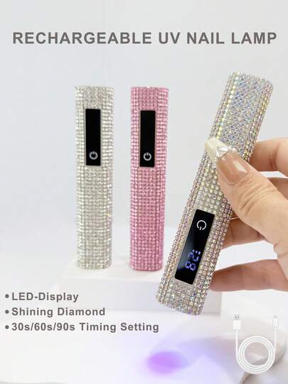 1pc USB Rechargeable Handheld UV LED Nail Lamp, Rhinestone Design Manicure Lamp With LED Display Screen, Easy To Control Lighting Time, Portable Mini Nail Gel Curing Light, Hexagon Diamond Nail Art Lamp, Powerful LED Beads, 8X Magnifying Lens For Fast Gel Curing, Efficient Manicure