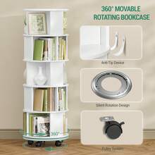 HEXCELEN Drehbares Bücherregal, 360° drehbares Bücherregal mit Rollen, 5-stöckiges Ablagefach, drehbares Bücherregal mit festen Rollen für Wohnzimmer, Arbeitszimmer, Büro, Weiß, 45 x 45 x 161,5 cm - Weiss - Übersicht 8