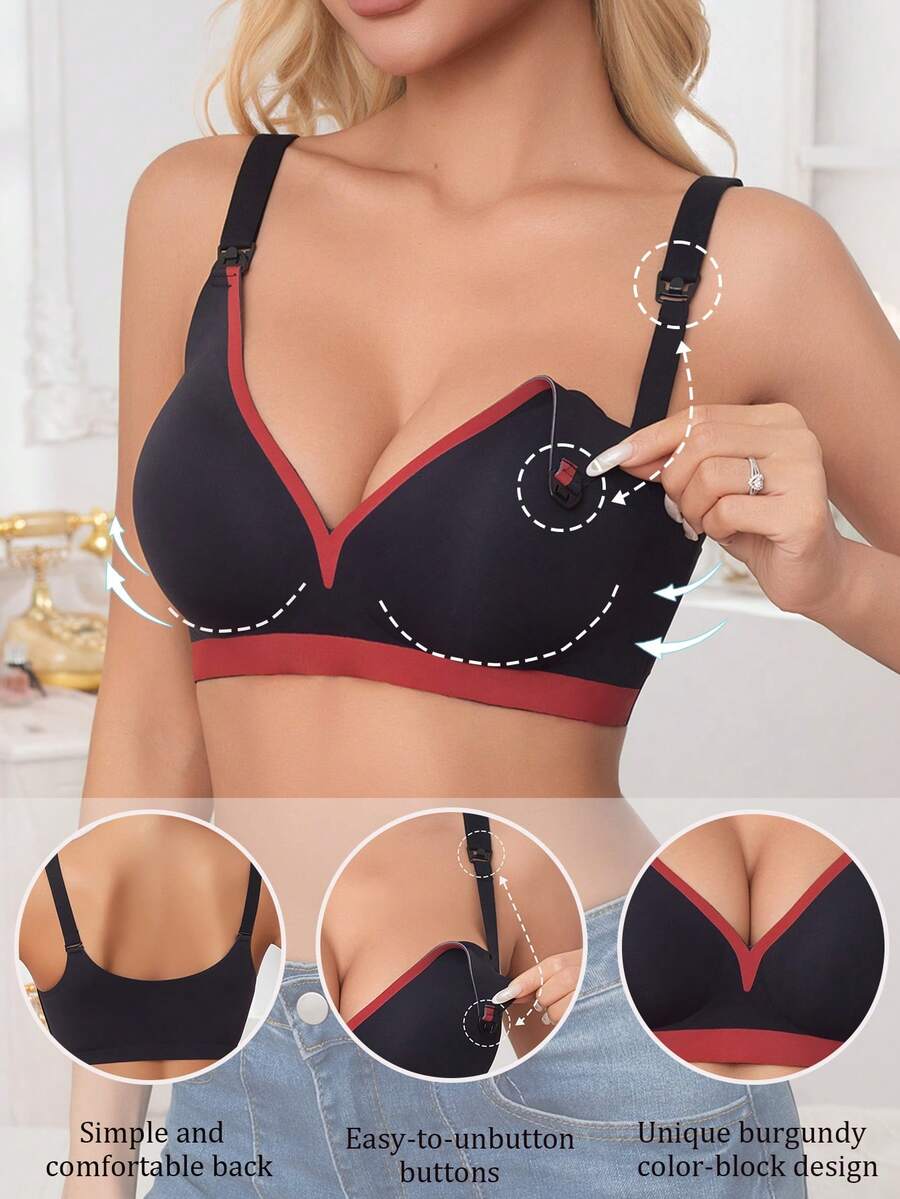 Women's Contrast Color Simple Comfortable Non-Sagging Durable Nursing Bra - Black - View 1