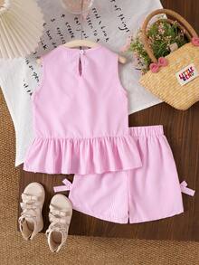 2件套 女童甜美条纹蝴蝶结无袖上衣和蝴蝶结短裤套装，夏季 - 粉色 - 查看 2