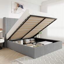 Allewie Full/Queen/King Size Lift-Up Storage Bed Frame With Modern Wingback Headboard, Corduroy Upholstered Platform Bed, Hydraulic Gas Lift Support, Underbed Storage, Wooden Slats, No Box Spring Needed, Grey - 灰色 - 查看 1