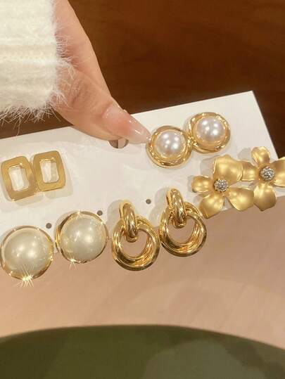 1 Set High-End Elegant Faux Pearl Circular Floral Earrings, Retro Metal Style Design