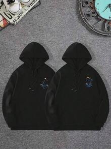 Sudadera con capucha con cordón con estampado de pareja con bolsillo de canguro - Negro - Ver 1