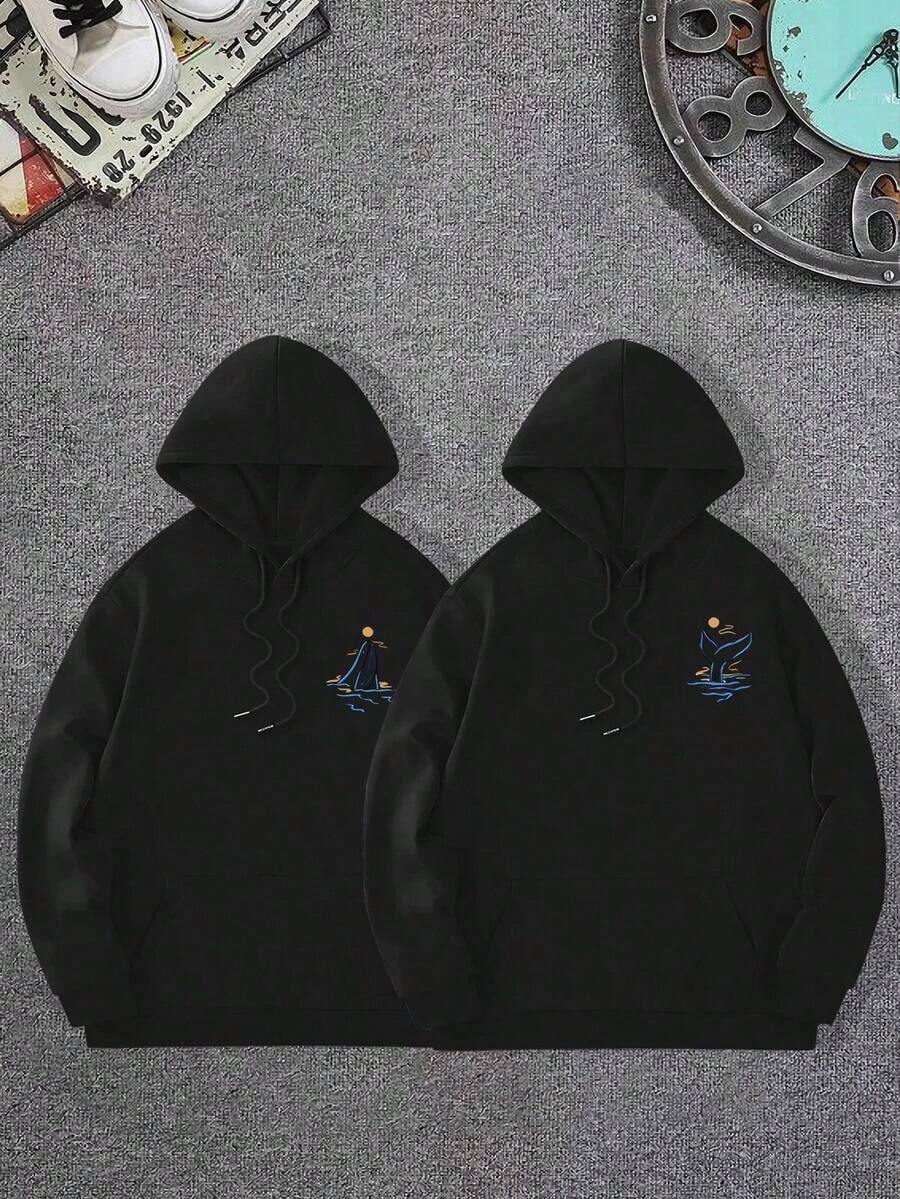 Sudadera con capucha con cordón con estampado de pareja con bolsillo de canguro - Negro - Ver 1