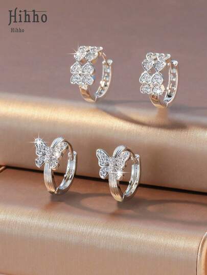 2 Pairs Heart & Butterfly Hoop Earrings Set, Shiny Minimalist Elegant Versatile Jewelry Earrings For Women, Suitable For Parties, Festivals And Events