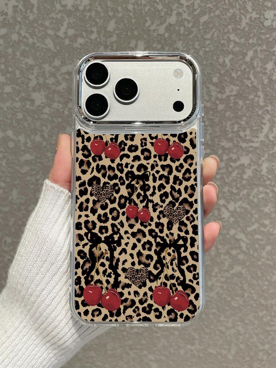 Y2K Valentine's Day Phone Case, Leopard Print Phone Case, Cherry Heart Phone Case, Silver Camera Protection Design, High-End And Atmospheric, Compatible With IPhone Case, Compatible With IPhone 15/16/17 Pro Max, Fast Shipping, Phone Covers - Clear - View 1