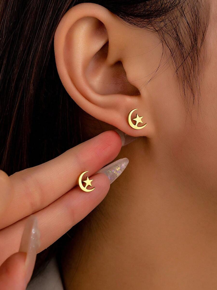 1 Đôi bông tai đinh tán nhỏ nhắn, thanh lịch bằng thép không gỉ hình mặt trăng và ngôi sao. - Vàng - Xem 1
