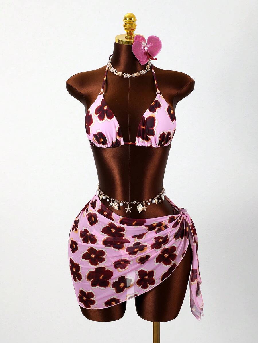 Bộ bikini 3 món nữ họa tiết hoa ly cổ điển lãng mạn, đồ bơi gợi cảm, thanh lịch cho kỳ nghỉ hè ở bãi biển. - màu hồng và tím - Xem 1