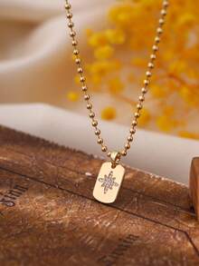 1pc Classic Minimalist Copper Zirconia Bead Chain With Cute Square Starburst Copper Zirconia Pendant Necklace, Suitable For Daily Wear - Yellow Gold - View 4