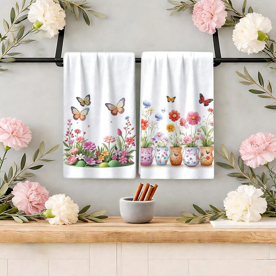 2/4 Pcs Floral Print Dish Towels, Super Absorbent Microfiber Modern Dish Cloths, Cooking And Baking Tea Towels, Cleaning Rags, Hand Towels, Highly Soft And Absorbent, Kitchen Decor, Gifts For Neighbors, Mothers, Birthdays, Housewarming For Friends, Kitchen Essentials, Daily Necessities - Multicolor - View 1