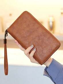 New Oiled Leather Long Zipper Large Capacity Clutch Bag, Casual & Fashionable - Brown - View 3