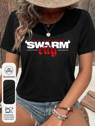 Plus Size Women's Casual Houston Texans Logo Graphic Round Neck Short Sleeve Top, Summer Casual Women's Black Swarm City Graphic T-Shirt