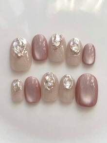 10 片手工制作的短椭圆粉色法式按压式猫眼美甲，白色和粉色搭配金色点缀，可重复使用的假指甲，适合女孩或女士在假期或特殊场合佩戴。 - 淺粉色 - 查看 1