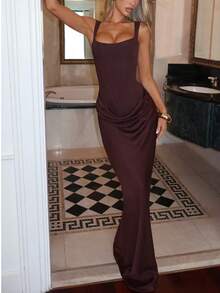 1pc Women's Solid Color Elegant Bodycon Long Sleeve Deep V Dress