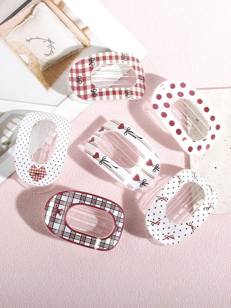 3个简约扁平爱心、波点、格子随机印花发夹，休闲日常爪夹，百搭优雅发饰，母亲节、情人节礼物 - 彩色 - 查看 1