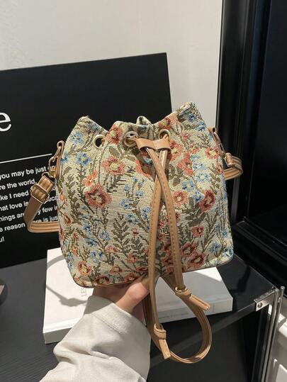 New Chinese Style Shoulder Bag, Calligraphy Shoulder Bag, Retro Floral Print Bucket Bag For Women, Casual Fashion Ladies Handbag, Spring Tote Bag