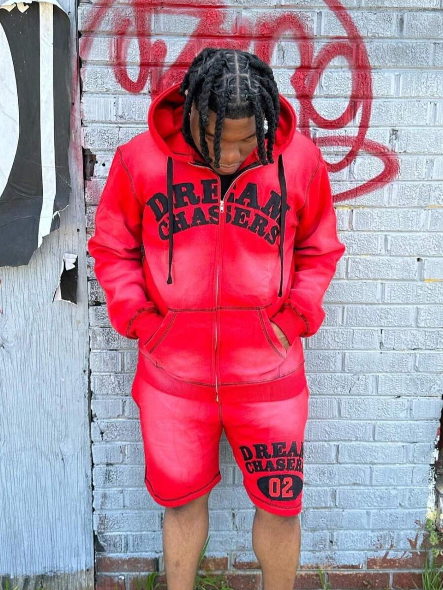 Men 2 Piece Set,Men's Solid Color Hooded Sweatshirt 3D Print Cardigan Sweatshirt Shorts Set - XHfq6ZEQ8-紅 - 查看 1