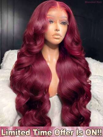 200 % densitet 13*4 kroppsvågor HD transparenta peruker med spetsfront och babyhår - förklippning, fördragning, förstrykning, spetsfrontperuker - förblekta, förplockade, utan lim, inga färdigheter, lösa vågor, mittdelsperuker - #BUG vinröd #99J Bugundy-färg, brasilianskt jungfruhår, peruker med blandat hår, påsättningsbar och limfri peruk - lätt att bära, naturligt utseende och bekvämt