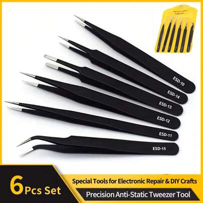 6pcs Stainless Steel Tweezers Set, ESD Stainless Steel Tweezers Set - Flexible Precision Tools For Industrial Repair, Home DIY And Model Building - Curved Design, Electronics Repair, Soldering And Manicure Tools, Anti-Static Safety And Ergonomic Handle