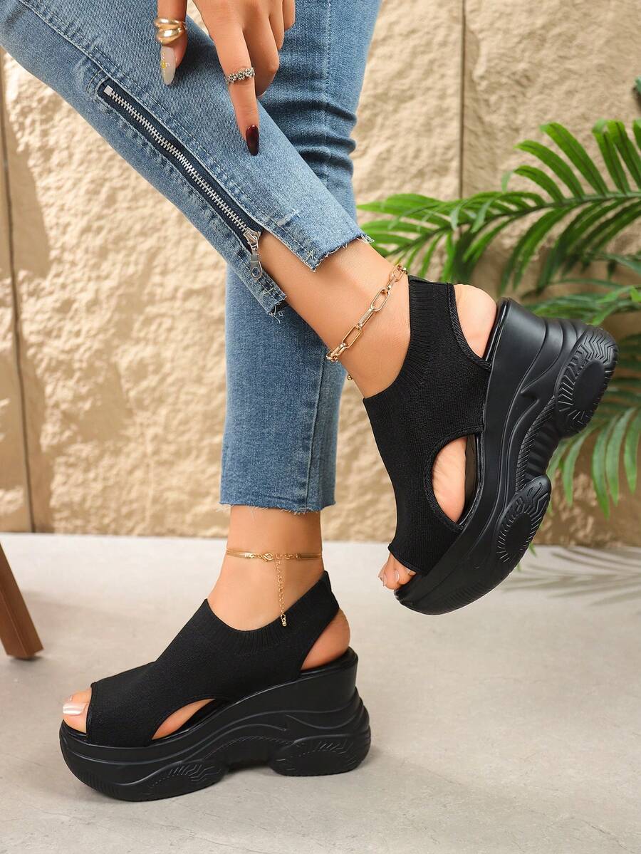 Thick Sole Wedge Heel Sandals For Women, Summer New Slip-On Casual Comfortable Open Toe Platform High Heels - Black - View 1